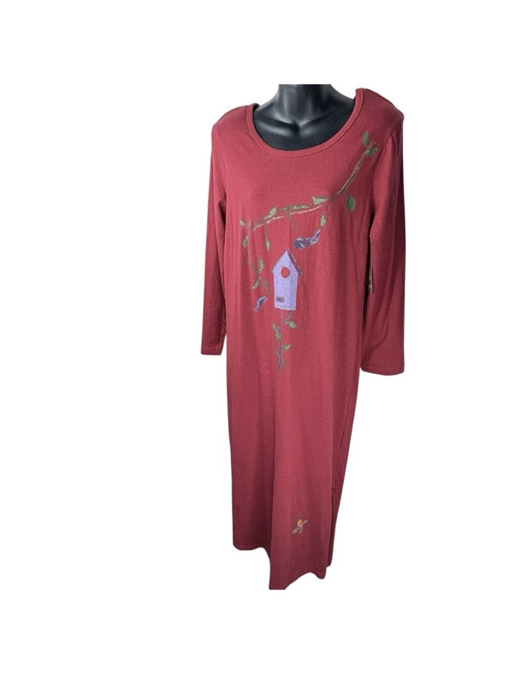 VTG Y2K Hand Painted Bird Birdhouse Burgundy Long Sleeve Maxi Dress Women M NWT